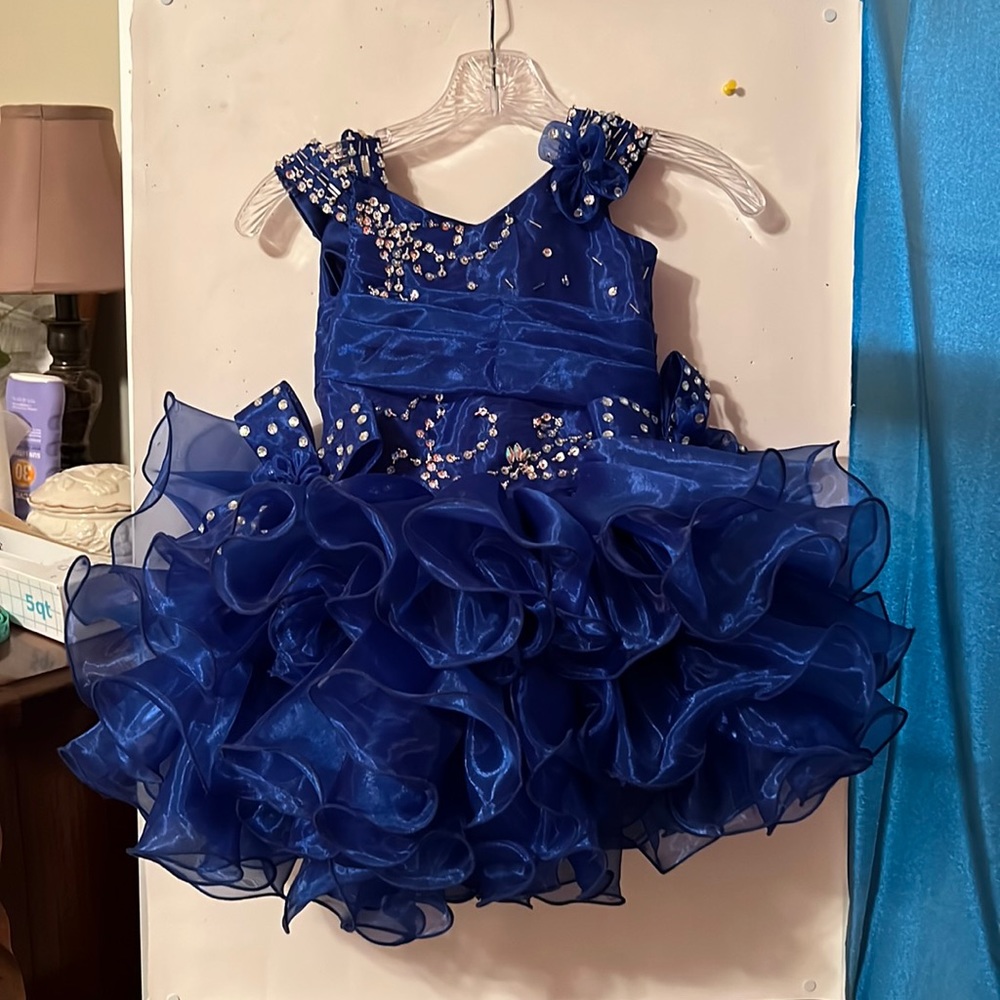 Little Girls Royal Blue Ruffle Organza Party Dress with Embellished Bodice